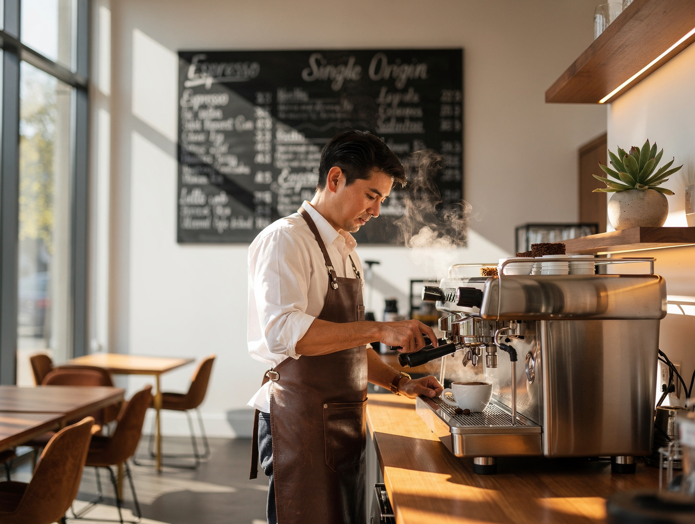 Busy modern cafe barista counter serving plant-based cups with secure recyclable lids
