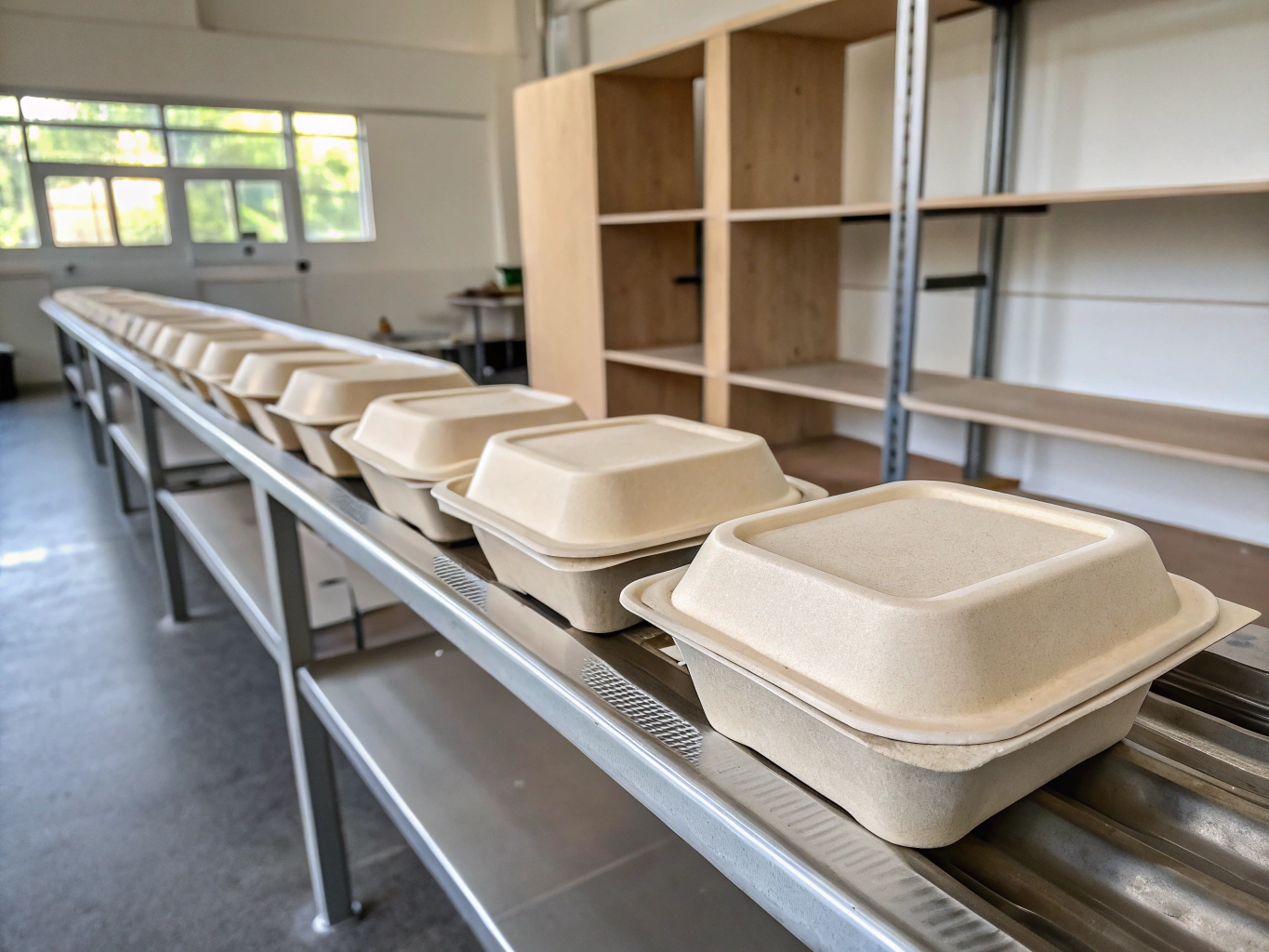 Commercial catering assembly line with biodegradable sugarcane takeout boxes and fiber trays