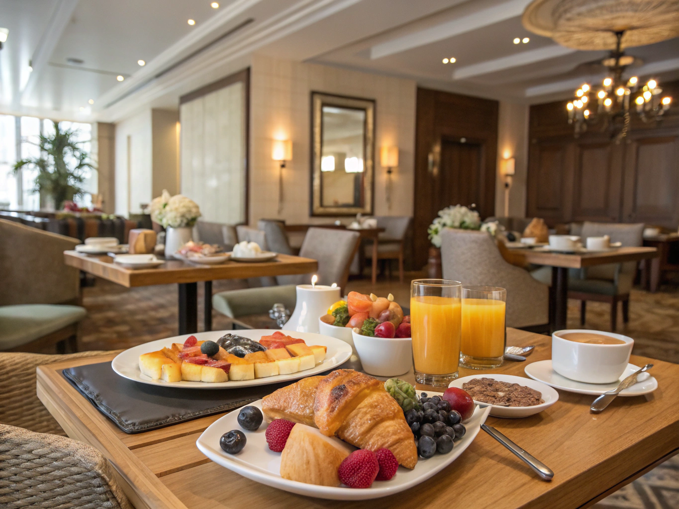 Luxury hotel breakfast buffet arranged with certified compostable food packaging containers